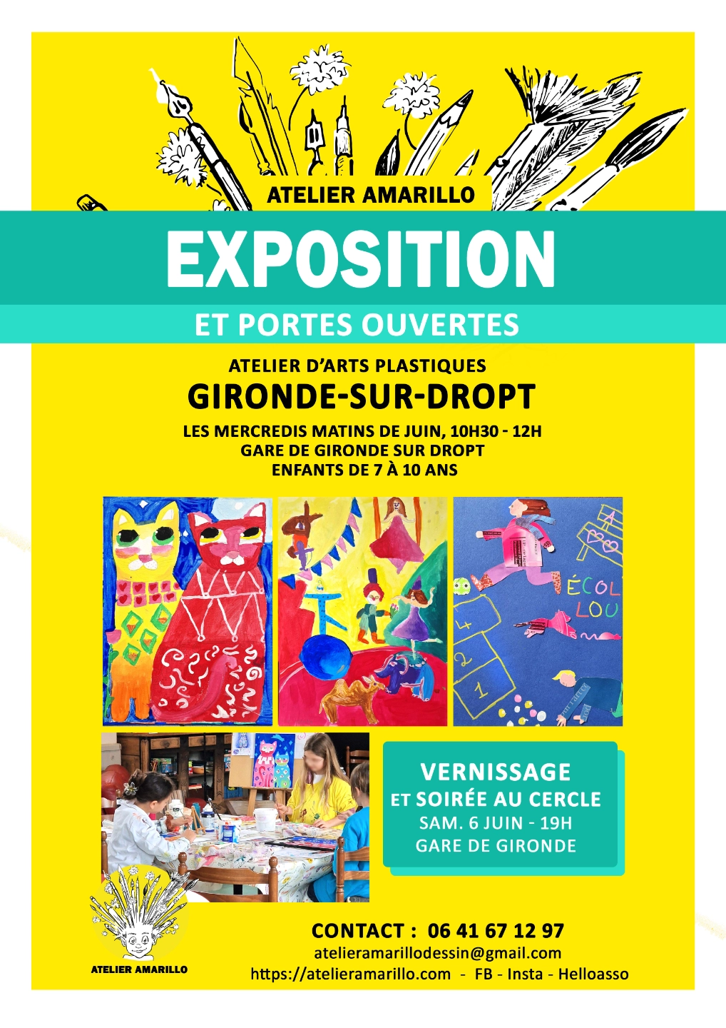 Une affiche présente l'exposition des travaux d'élèves de l'Atelier Amarillo à Gironde sur Dropt