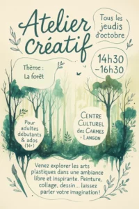 Une affiche illustrée à l'aquarelle présente un atelier mixed média animé par l'artiste Marie Goulard sur le thème de la forêt.