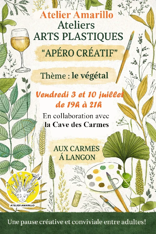 Une affiche illustrée de plantes présente deux soirées apéritif créatif à l'Atelier Amarillo à Langon