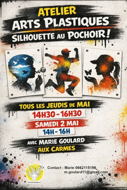 Une affiche illustrée au pochoir présente un atelier mixed média animé par l'artiste Marie Goulard sur le thème des silhouettes au pochoir