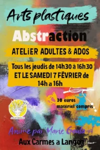Une affiche illustrée à l'aquarelle présente un atelier mixed média animé par l'artiste Marie Goulard sur le thème de l'abstraction