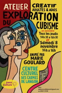 Une affiche illustrée à l'aquarelle présente un atelier créatif pour adultes et ados animé par l'artiste Marie Goulard sur le thème du cubisme