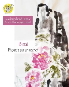 Affiche présentant un atelier de sumi-e floral sur le thème des pivoines