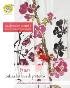 Affiche pour un atelier de sumi-e sur le thème des fleurs de printemps