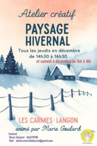 Une affiche illustrée à l'aquarelle présente un atelier mixed média animé par l'artiste Marie Goulard sur le thème du paysage hivernal.