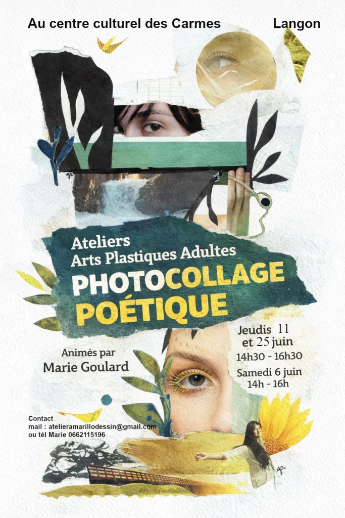 Une affiche illustrée présente un atelier mixed média animé par l'artiste Marie Goulard sur le thème du photocollage